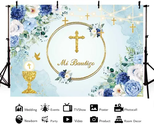 Vista 2 de MEHOFOND Telón de fondo Mi Bautizo de 7 x 5 pies, diseño floral azul para la primera comunión, fondo de fotografía de la primera comunión, Santo