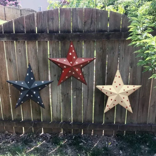 Vista 5 de Juego de 3 estrellas de granero de metal, decoración de pared patriótica estadounidense con bandera americana americana para colgar en interiores
