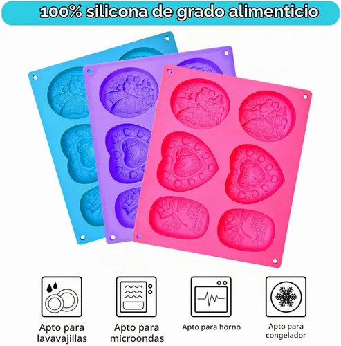 Vista 3 de Paquete de 3 moldes de silicona para jabón, 6 cavidades, patrones mixtos, sin BPA, fácil liberación
