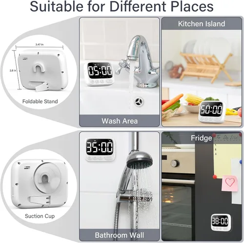 Vista 2 de HAUKINIX - Temporizador de ducha impermeable para baño y aseo, temporizador digital de cocina para montaje en pared, estudio con soporte plegable
