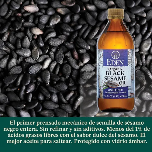 Vista 3 de Eden Aceite de sésamo negro orgánico, sin refinar, 100% semillas de sésamo negro, botella de vidrio ámbar de 16 onzas