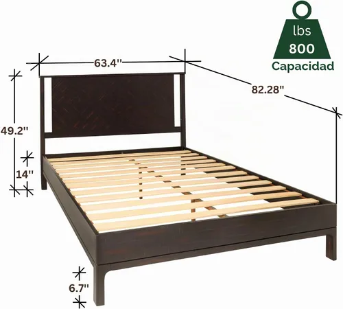 Vista 2 de Bme Ethan - Base de cama Queen con cabecera de diamante, moderna de mediados de siglo, madera de acacia maciza, no necesita somier, se adapta a