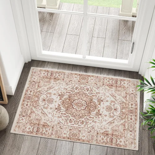 Vista 18 de Jinchan - Alfombra para entrada de 2 x 3 pies, alfombra de área lavable para interiores, tapete con medallón floral, pequeño, antideslizante