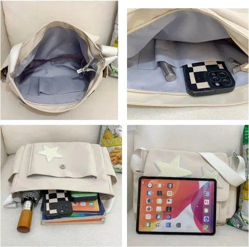 Vista 6 de YILCER Bonita bolsa de mensajero Y2K Star Crossbody Bolsa grande de lona Kawaii con bolsillos laterales para mujeres, adolescentes y niñas