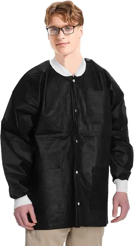 Vista 37 de Paquete de 10 chaquetas desechables de laboratorio, chaqueta médica reutilizable hasta la cadera, unisex, con puños de punto y bolsillos