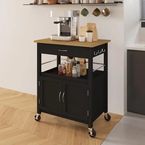 Vista 2 de eHemco - Isla para cocina, con cubierta de bambú con base negra o blanca, Rayón derivado del bambú, Negro Base Cajón, Gabinete de Almacenamiento