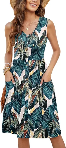 Vista 14 de MOLERANI Vestido de verano para mujer, sin mangas, estilo casual, suelto, con vuelo, botones, midi, con bolsillos 01-beja Blue