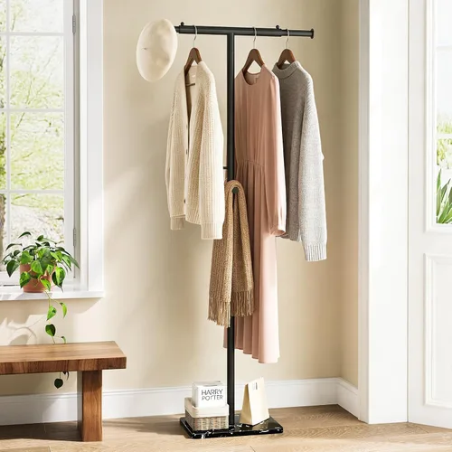 Vista 2 de ELYKEN Perchero independiente con base de mármol natural, ancho ajustable en forma de T, árbol de metal con 2 ganchos, moderno perchero