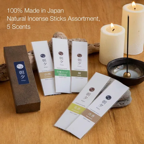 Vista 7 de Asayu Japan Variedad de varillas de incienso - 5 fragancias naturales, 20g, 100% hechas en Japón Paquete de muestra de incienso - para yoga