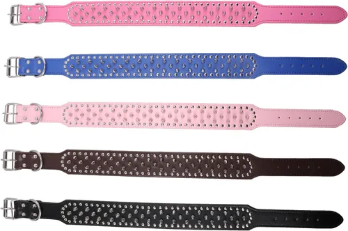 Vista 5 de Collar ajustable de piel sintética con tachuelas y clavos para perro, de 5 cm de ancho, 43 clavos (Talla L (cuello 53 cm-61 cm), Rosa)