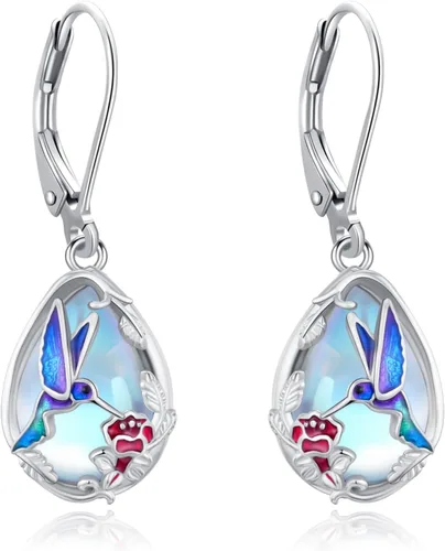 Vista 277 de Aretes colgantes de plata de ley con diseño de árbol de la vida, flor, abeja, animales, gato, colibrí, piedra lunar, turquesa, aretes con cierre