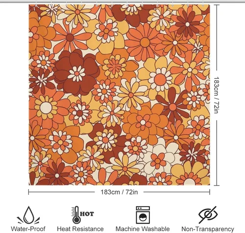 Vista 7 de Ohocut Cortina de ducha floral naranja, cortinas de ducha retro bohemias para baño, bonitas cortinas de baño de flores geniales, cortina de ducha