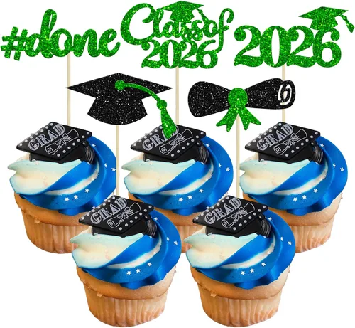 Vista 40 de Gyufise 24 piezas Adornos para pastel de graduación 2026 con purpurina negra, clase de 2026, adornos para magdalenas con gorra de graduación