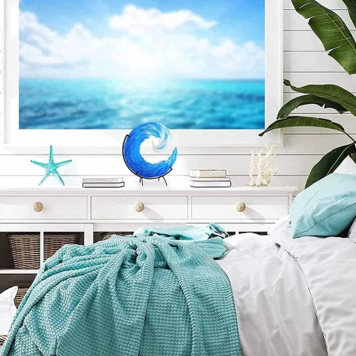Vista 8 de Escultura de vidrio fundido con ondas, adorno azul degradado creativo, forma de olas del océano, arte para decoración de escritorio, decoración