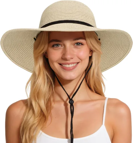 Vista 12 de Sombreros de sol para mujer, sombrero de playa de paja de ala ancha de Beige claro