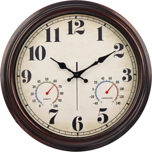 Vista 11 de JENLYSTIME Reloj de pared retro impermeable de 12 pulgadas para interior/exterior con termómetro, silencioso, redondo, de cuarzo, funciona con 40