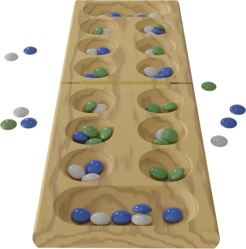 Vista 2 de Pressman Clásicos premium: tablero plegable de madera maciza de Mancala 48 piedras multicolor 2 jugadores, a partir de 6 años