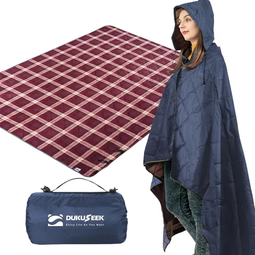 Vista 28 de DUKUSEEK Manta con capucha para exteriores, manta de camping impermeable, acolchada, forro polar grueso, cálida, resistente al viento, a prueba