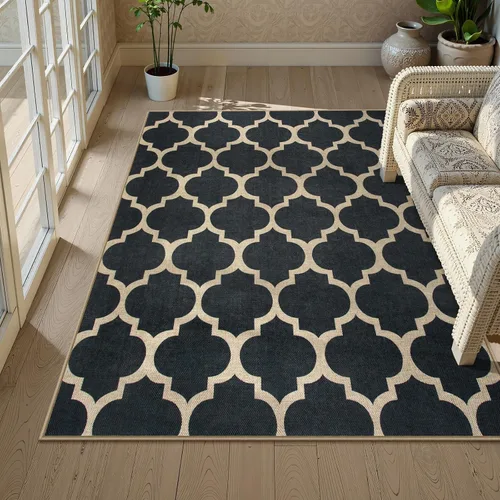 Vista 101 de Lahome Tapetes geométricos para puerta de interior para entrada, alfombra antideslizante lavable de 2 x 3 negro / neutro