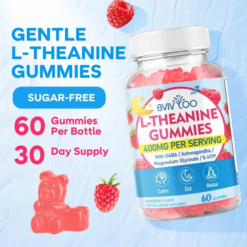 Vista 6 de Gomitas de L-teanina con L-teanina de 400 mg, Ashwagandha, GABA, 5-HTP, glicinato de magnesio para calma, ZZZ y apoyo de relajación, vegano, sabor a