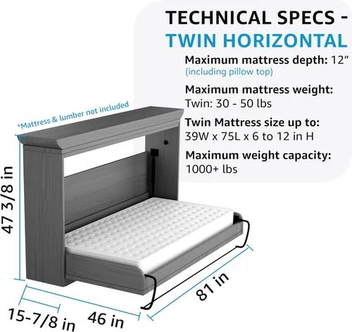 Vista 2 de Create-A-Bed Kit de cama Murphy de lujo ajustable tamaño individual, horizontal