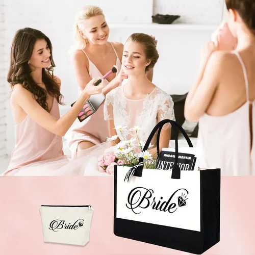 Vista 4 de AYGE Canvas Tote Bag, Makeup Bag, Gifts for Bridesmaid, Maid of Honor, Bride, Mother of The Bride, Mrs Gifts