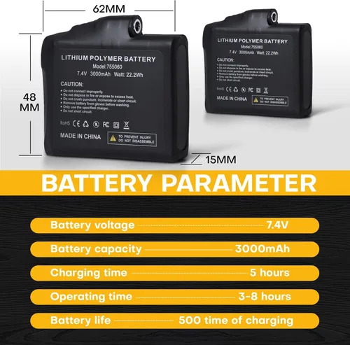 Vista 3 de Paquete de batería de 22.2 WH 7.4 V para guantes calentados, juego de repuesto de polímero de litio recargable compatible con guantes, calcetines