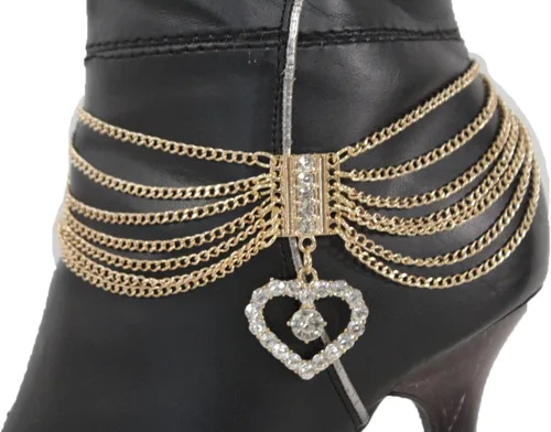 Vista 2 de TFJ - Pulsera de cadena para botas de moda occidental para mujer, diseño de metal dorado, con dije de corazón