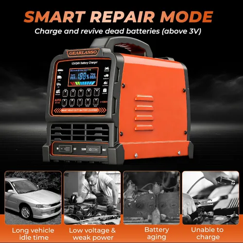 Vista 4 de Cargador de batería de coche de 12 V 24 V resistente, mantenedor de batería automático de 0-15 A con apagado automático, 10 modos de carga