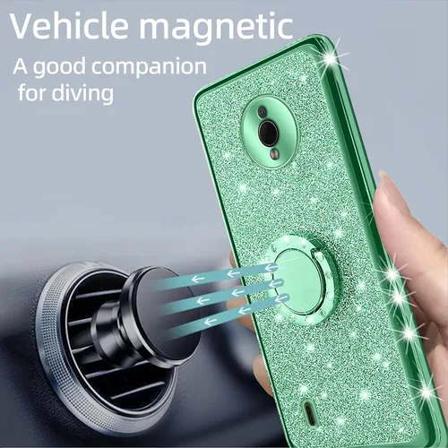 Vista 6 de Funda para Nokia C200, Nokia C200 (6.1 pulgadas) para mujer con purpurina de TPU suave y transparente, funda protectora de lujo con correa de Verde
