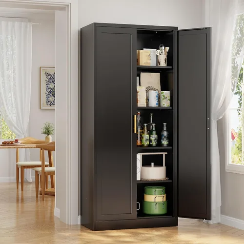Vista 4 de Gabinete de metal para despensa de cocina, 71 pulgadas de alto x 28 pulgadas de ancho x 14 pulgadas de profundidad con 2 puertas y 4 estantes Negro