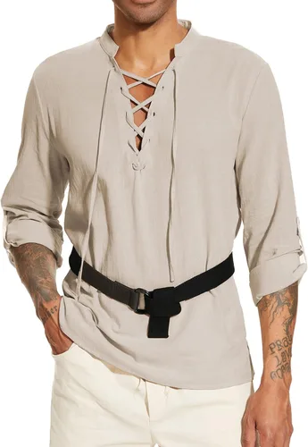 Vista 4 de LUYANA Camisa tradicional de lino y algodón con cordones para hombre de manga larga enrollable