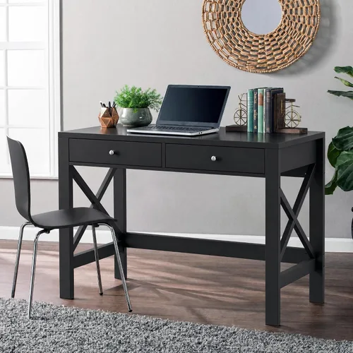 Vista 7 de ChooChoo Escritorio de Oficina en Casa Mesa de Escritura Mesa de Computadora Diseño Moderno Escritorio Negro con Cajones, Mesa de Tocador