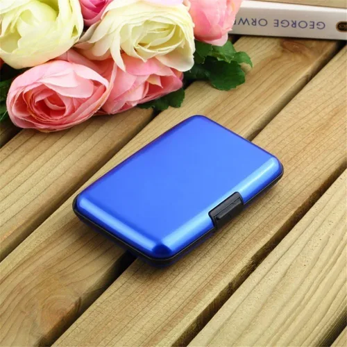 Vista 2 de Funda protectora de aluminio para tarjetas de crédito con bloqueo RFID para mujer, tarjetero, Azul