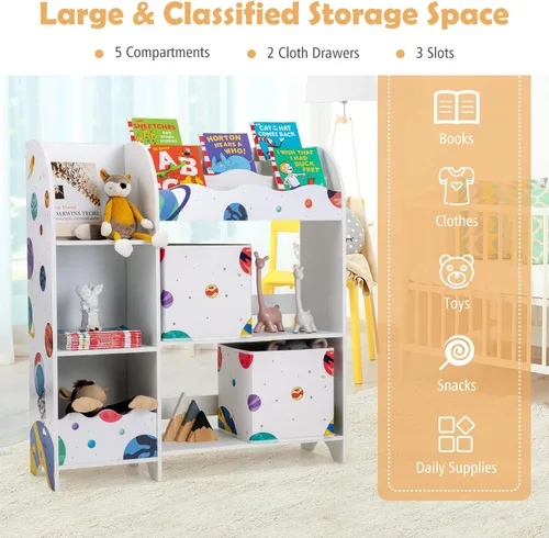 Vista 6 de Costzon Organizador de juguetes y libros para niños, estantería de almacenamiento de madera con 5 estantes abiertos, 2 cajas de almacenamiento y 3