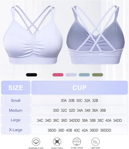 Vista 6 de VEQKING Brasier deportivo con espalda cruzada para mujer, brasier deportivo fruncido, soporte medio, brasier de yoga con relleno extraíble