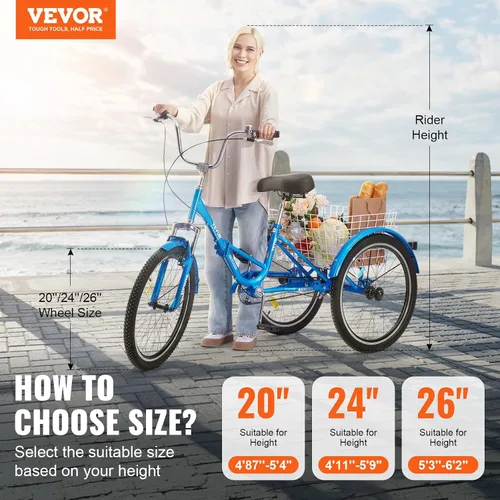 Vista 2 de VEVOR - Triciclo plegable para adultos, triciclos plegables para adultos, bicicleta de crucero de 3 ruedas con cesta grande y asiento ajustable