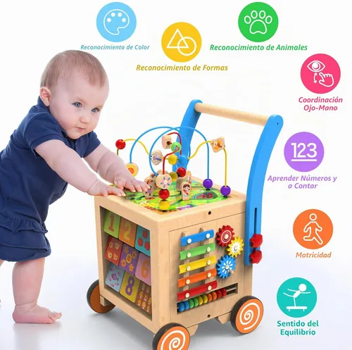Vista 6 de 9 en 1 Cubo de Actividad de Madera Andador de Bebé de Madera, Centro de Actividad de Aprendizaje de Sentarse a Pararse, Juguetes Educativos