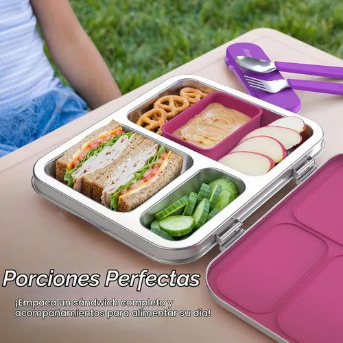 Vista 6 de Bentgo Kids - Lonchera de acero inoxidable resistente a fugas, 3 compartimentos Recipiente de silicona adicional, sin PFAS y BPA, resistente al