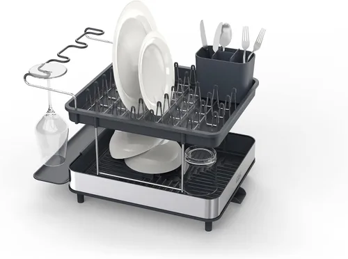 Vista 11 de Joseph Joseph Escurridor extensible de platos con dos piezas, acero inoxidable, antiarañazos, escurridor de utensilios móvil y boquilla de drenaje