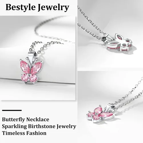 Vista 6 de Bestyle Anillo de collar de mariposa con piedra natal plateada para mujeres, delicado y lindo regalo de joyería de mariposa para mujeres