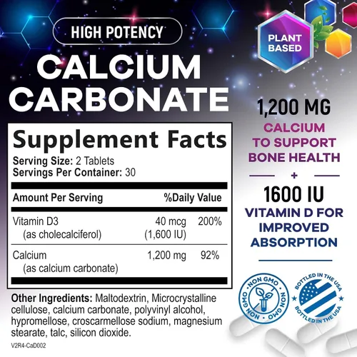 Vista 2 de Calcio 1200 mg por porción con vitamina D3 – Suplemento de salud ósea, vitamina D y suplementos de calcio para mujeres y hombres – hueso, dientes