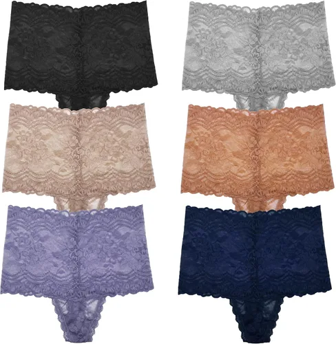 Vista 5 de Paquete de 6 tangas de encaje de cintura alta para mujer, ropa interior de algodón de talla grande, estilo retro, control de abdomen, tangas