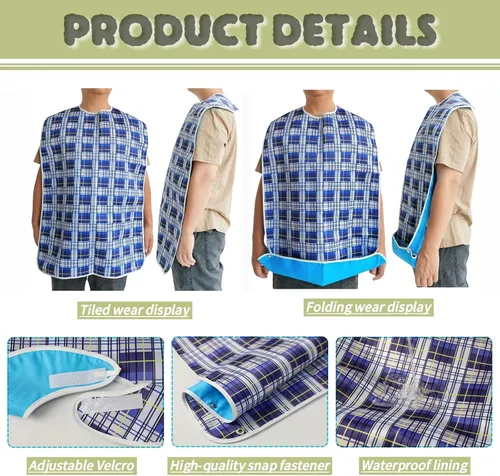 Vista 4 de Baberos para adultos, 2 unidades, protectores de ropa lavables para personas mayores y discapacitados, baberos impermeables para adultos