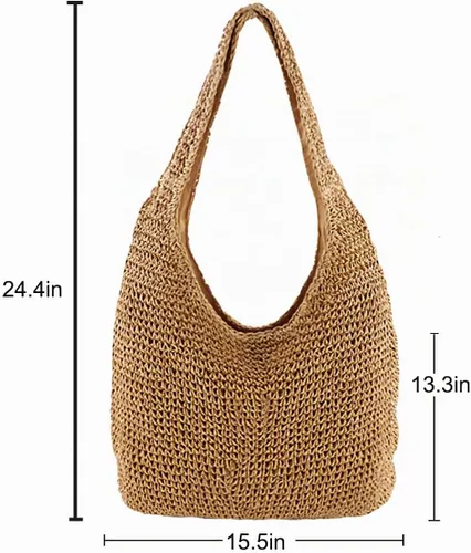 Vista 6 de CHIC DIARY Bolso de hombro de paja tejido a mano para mujer, asas de playa de verano, con cremallera