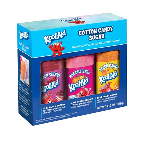 Vista 9 de Nostalgia Kool-Aid - Kit variado de algodón de azúcar – 3 sabores de azúcar de hilo dental (frambuesa azul, fresa, ponche tropical) – Botellas de 7