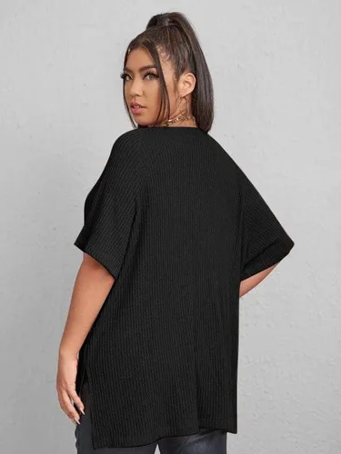 Vista 2 de SOLY HUX Camiseta de manga corta con cuello en V para mujer, talla grande, dobladillo dividido, punto gofre, de gran tamaño, casual, holgada