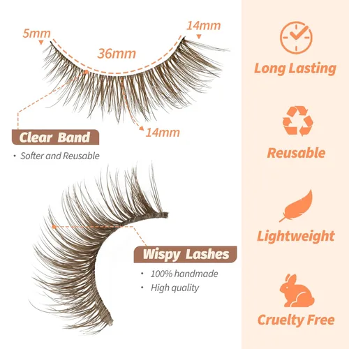 Vista 3 de Veleasha Kit de pestañas marrones con pegamento y pinzas, pestañas de ojo de gato, aspecto natural, pestañas postizas 3D con banda transparente