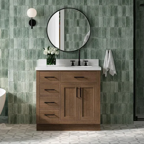 Vista 77 de ARIEL Hepburn - Tocador de baño de 30 pulgadas con fregadero, madera maciza, encimera y protector contra salpicaduras de cuarzo blanco puro de 1.5