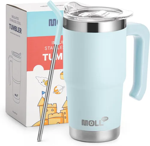Vista 20 de Vaso de 16 onzas con asa, reutilizable, de acero inoxidable, aislado al vacío, con tapa y pajilla, para mujeres y niñas (verde manzana)